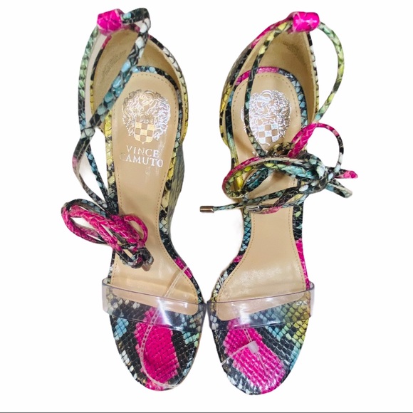 NWOB Vince Camuto Stassia Snake Print Leather Clear Ankle Tie Wedge Sandals - Picture 4 of 8